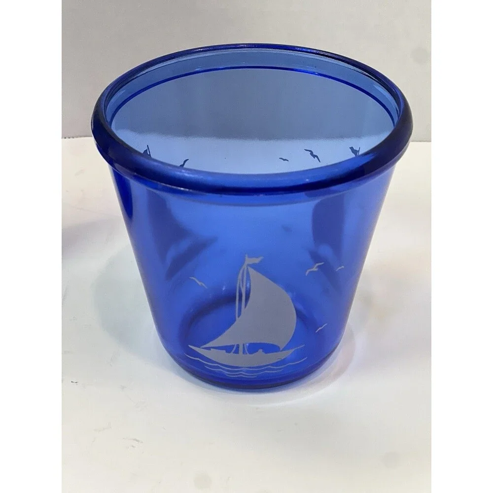 Vintage Hazel Atlas Cobalt Blue Cocktail Shaker glasses ice bucket Sailboat